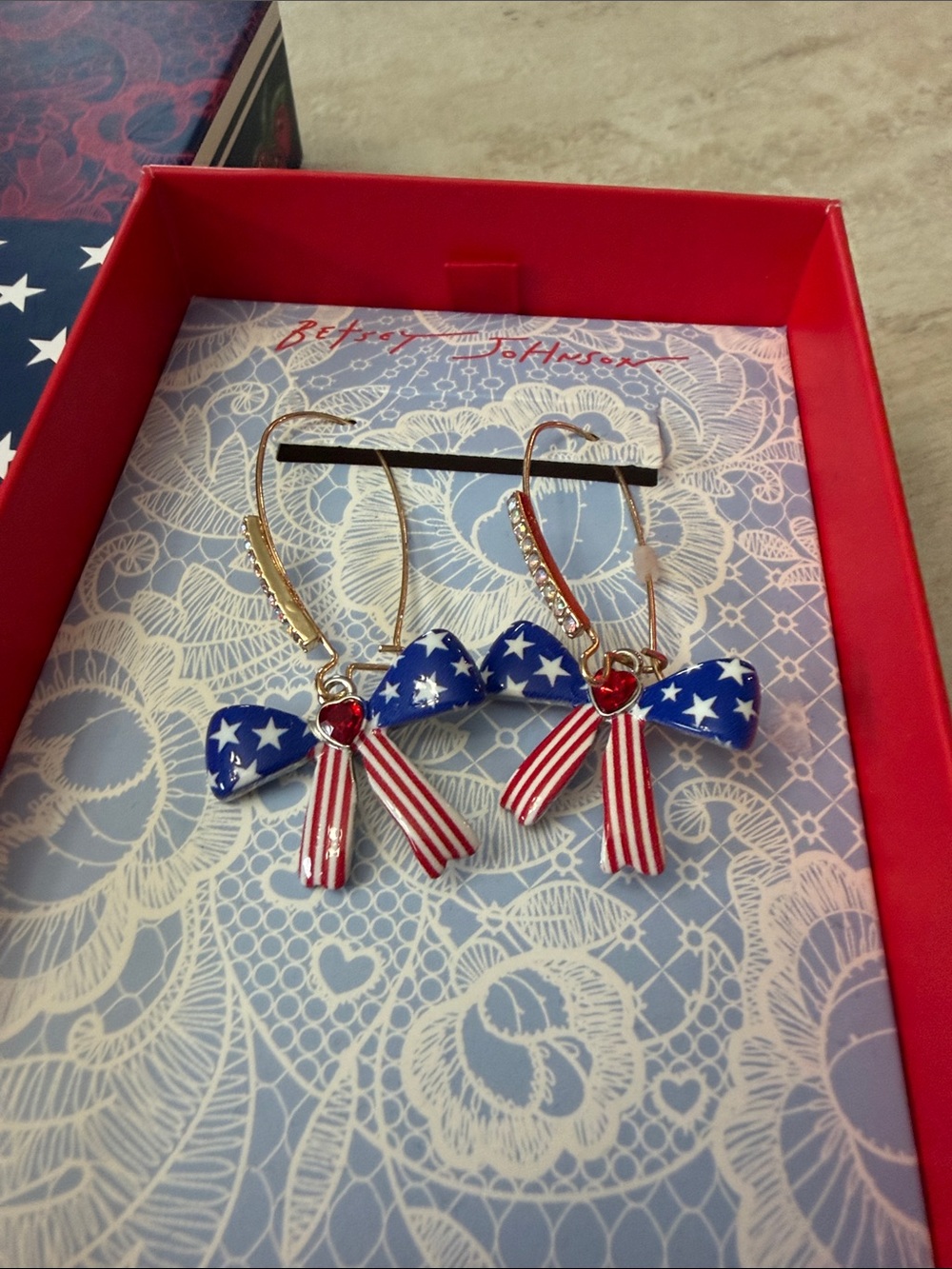 Betsey Johnson Patriotic Star Bow Hoop Earrings in Red, White & Blue - Picture 3 of 4